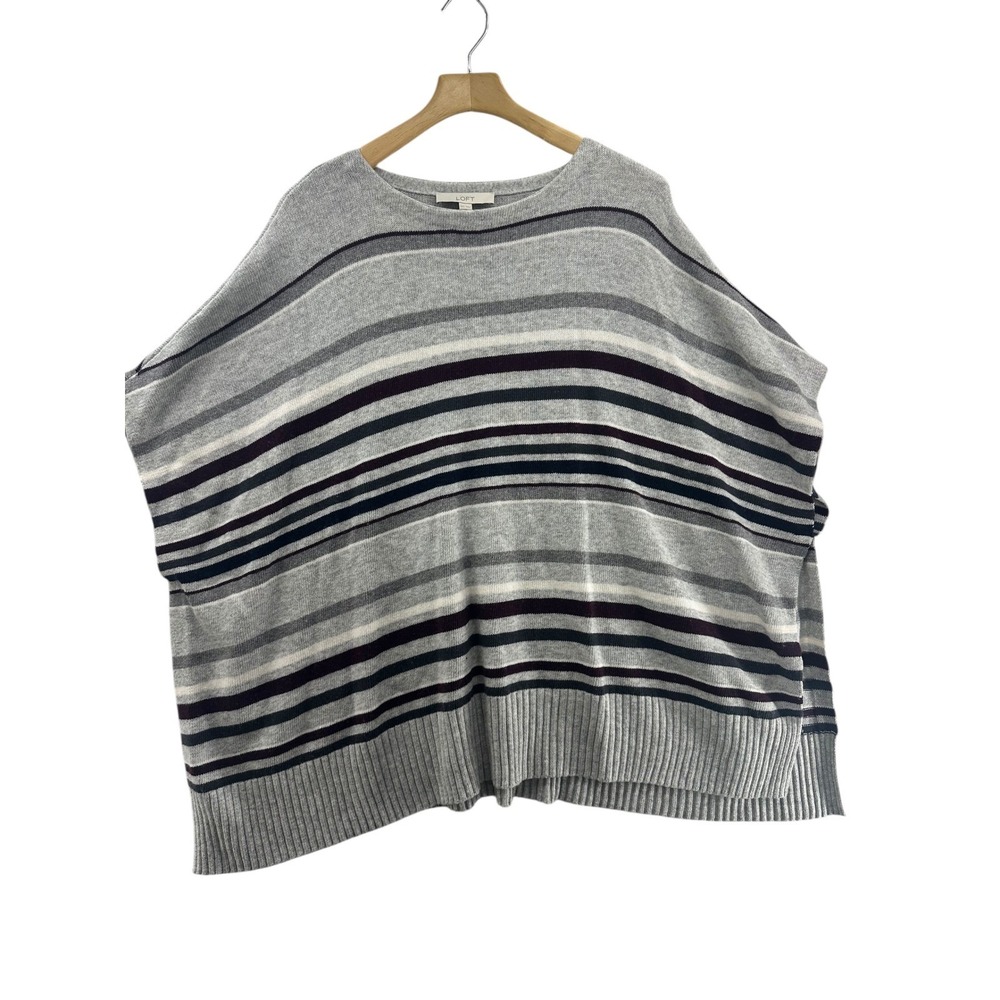 Ann Taylor LOFT Striped Sweater Poncho Top XS S Gray White Black Burgundy